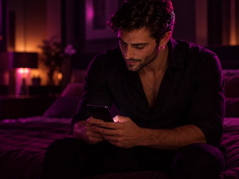 Homem concentrado respondendo no celular, à luz de velas