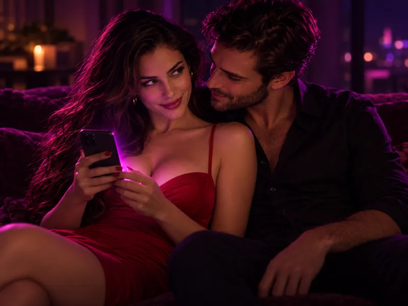 Casal olhando juntos para o celular e sorrindo